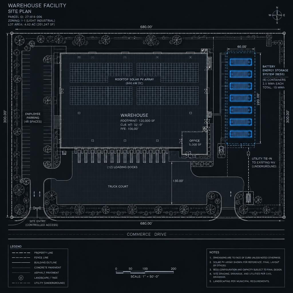 Blueprint-style site plan showing rooftop solar and battery storage placement